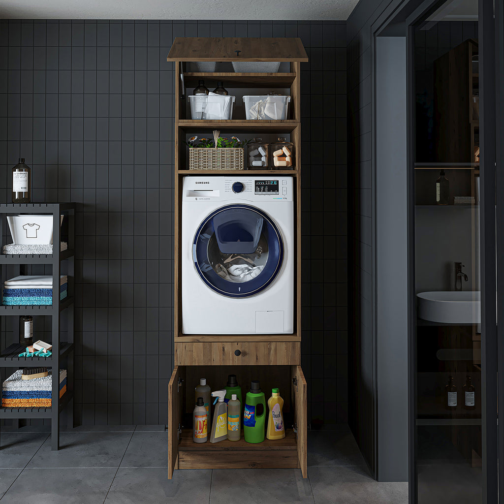 Roomart Waschmaschinenschrank mit Ausziehbrett • Weiß • Eiche • Schwarz eiche - waschmaschinenschrank, waschmaschinenregal, waschturm, schrank, weiß, waschmaschinen, unterschrank, waschmaschine, trockner, haushaltsschrank, schränke, badschrank, hochschran