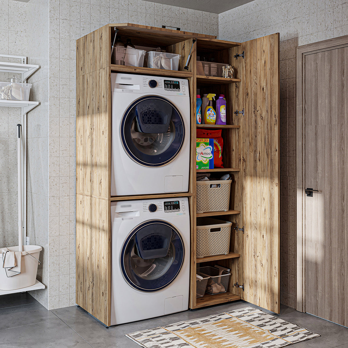 Roomart wasmachinekast DUO-I, 112 cm, voor 2 apparaten met hoge kast, in 2 kleuren