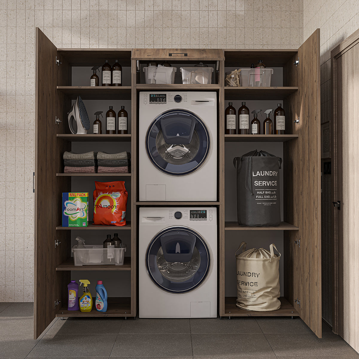 Roomart wandmeubel DUO-I, 187 cm, met 2 hoge kasten en bovenkast voor wasmachine & droger, in 2 kleuren