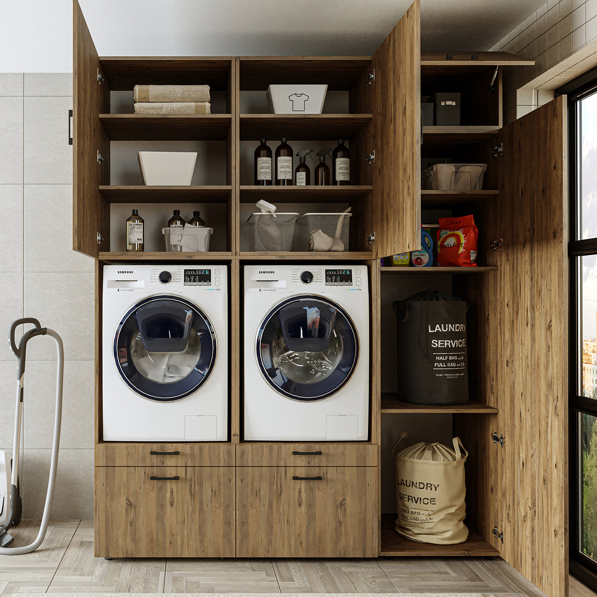 Roomart wasmachinekast SERIE 2, dubbele kast met uittrekplanken en hoge kast, in 3 kleuren