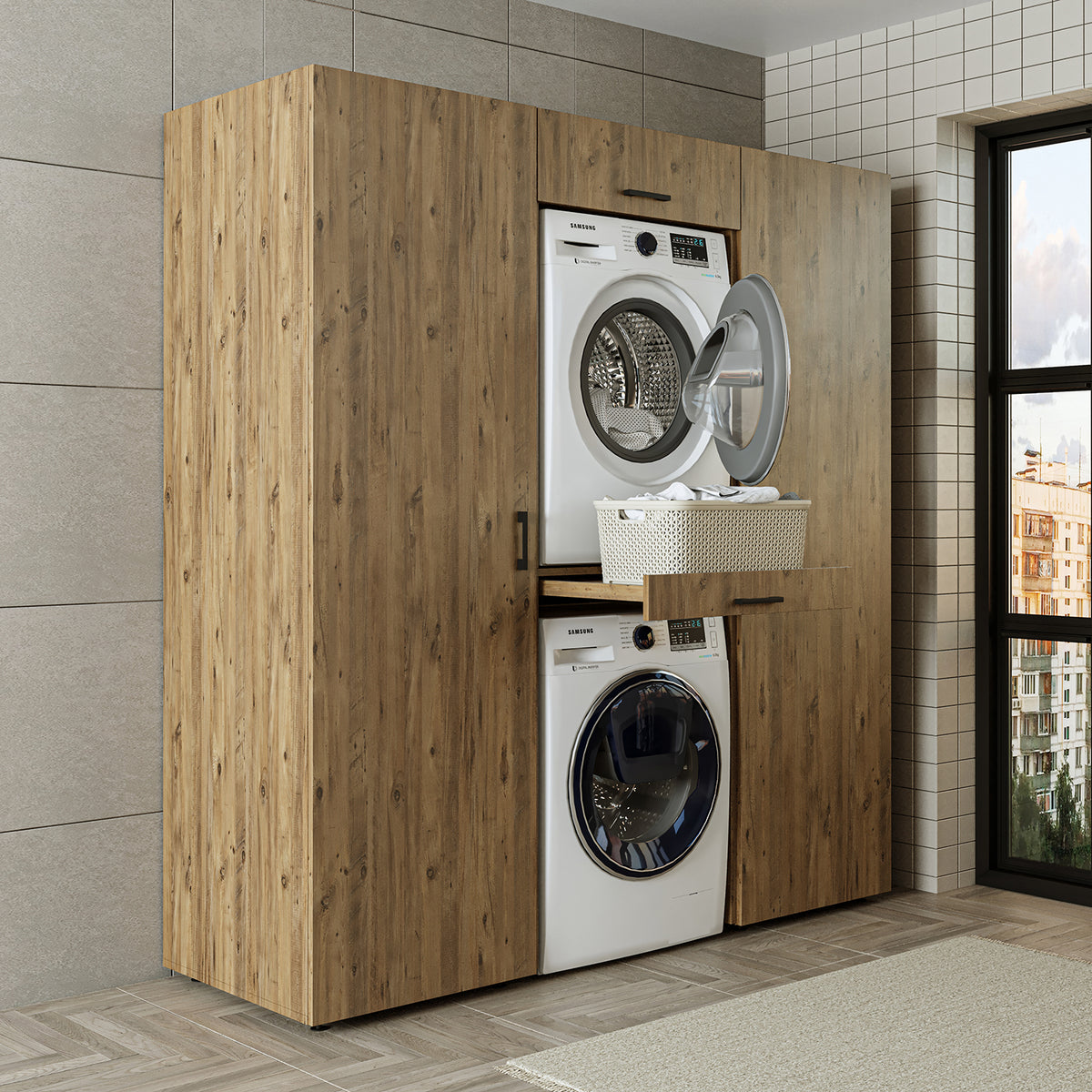 Roomart kastwand DUO-I, 187 cm, wasmachine en droger boven elkaar, in 3 kleuren