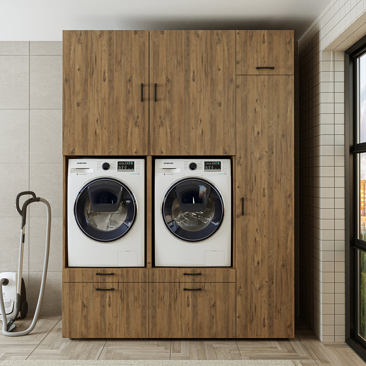 Roomart wasmachinekast SERIE 2, dubbele kast met uittrekplanken en hoge kast, in 3 kleuren