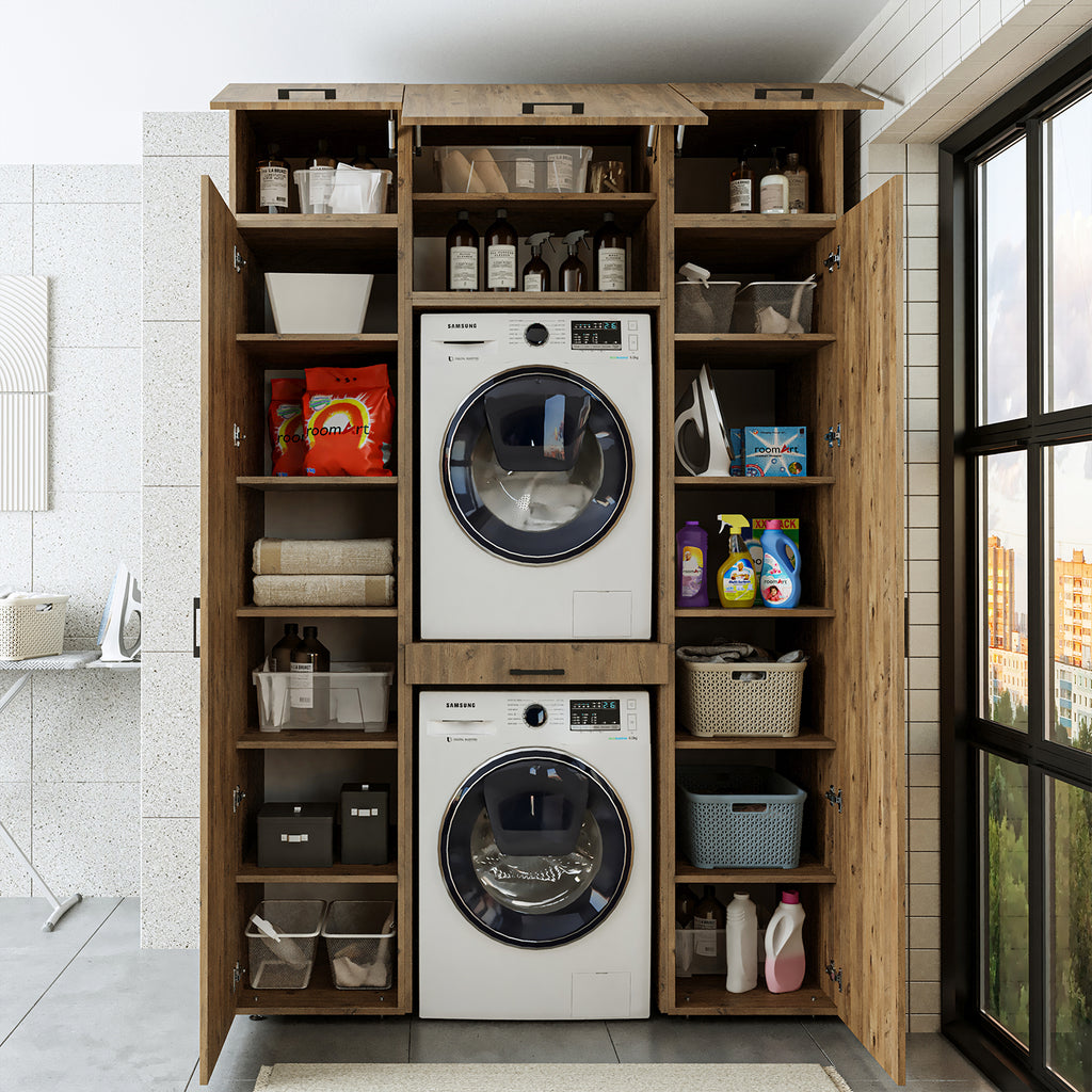 Roomart wasmachinekast 157 cm, voor 2 apparaten met 2 hoge kasten, in 3 kleuren