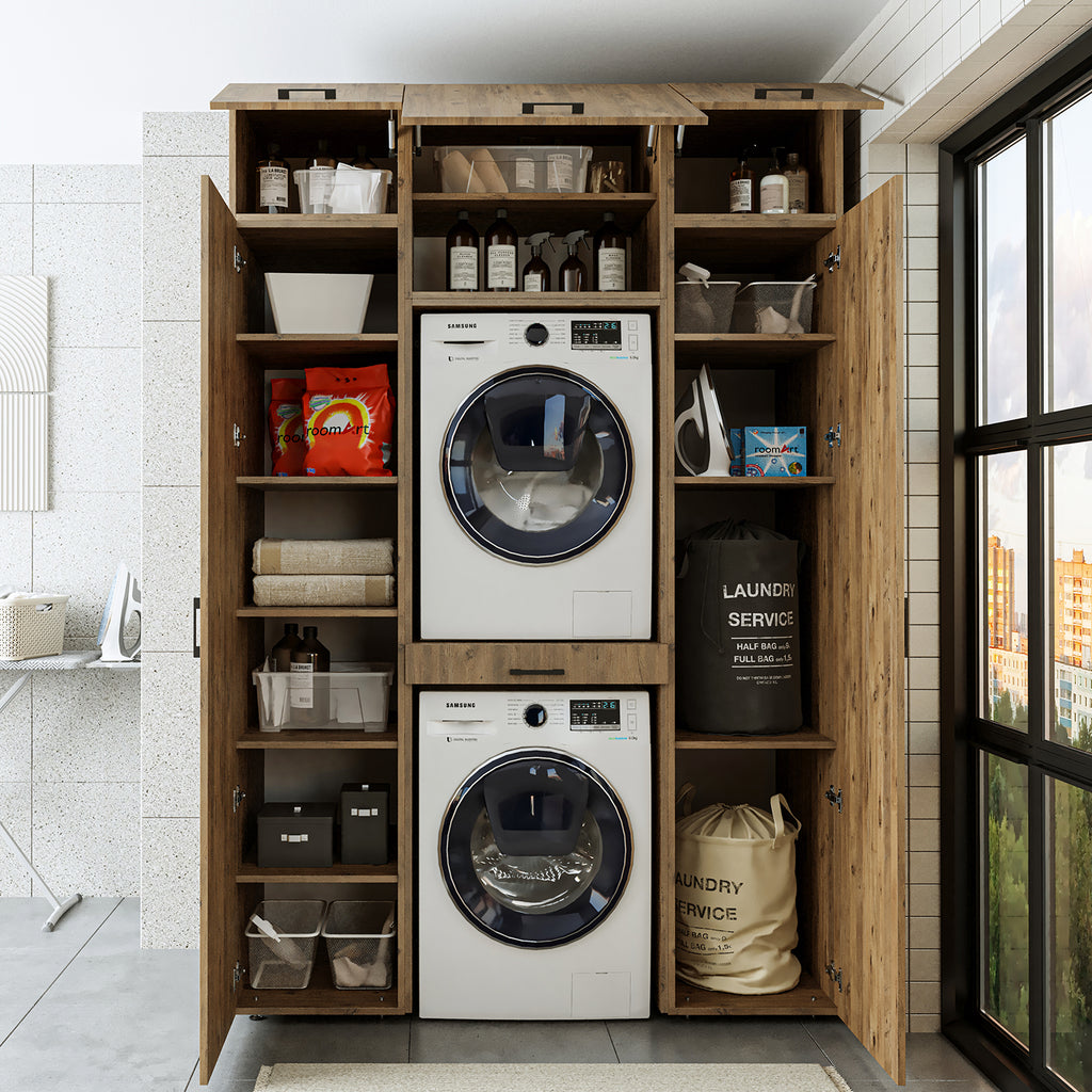 Roomart wasmachinekast 157 cm, voor 2 apparaten met 2 hoge kasten, in 3 kleuren