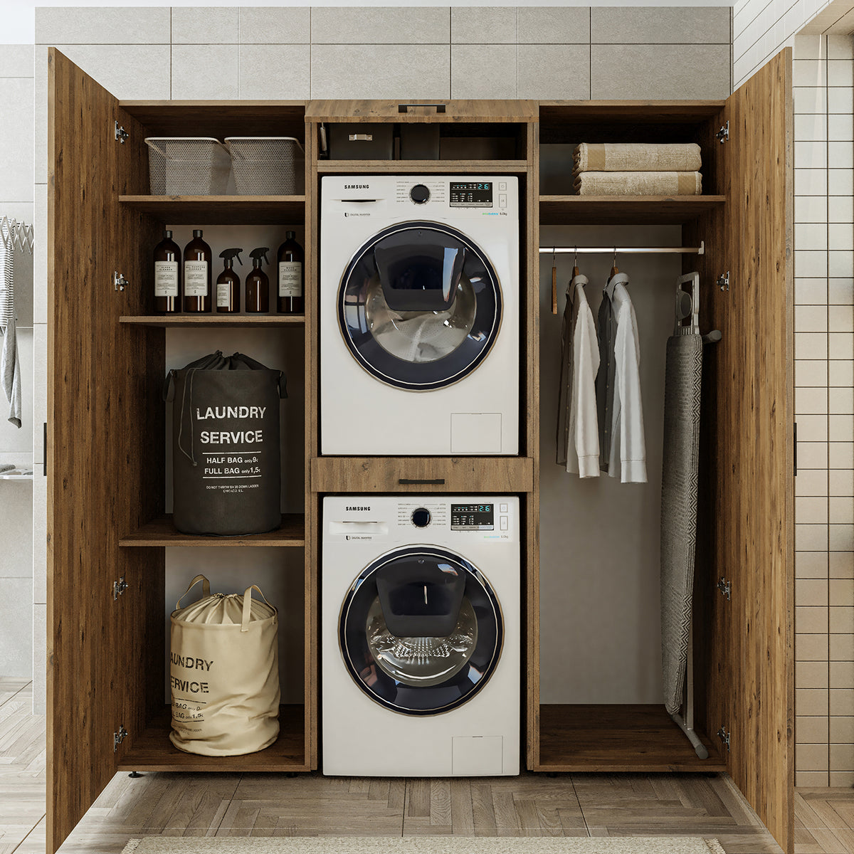 Roomart kastwand DUO-I, 187 cm, wasmachine en droger boven elkaar, in 3 kleuren