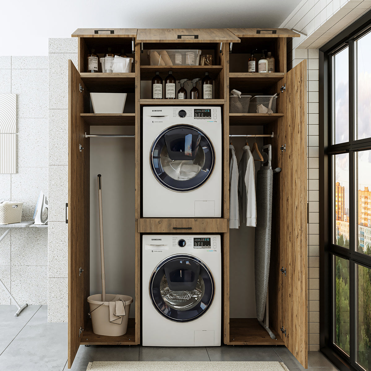 Roomart wasmachinekast 157 cm, voor 2 apparaten met 2 hoge kasten, in 3 kleuren