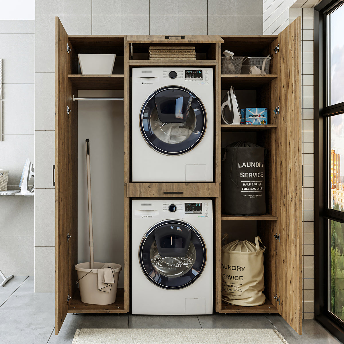 Roomart kastwand DUO-I, 157 cm, wasmachine en droger boven elkaar, in 3 kleuren