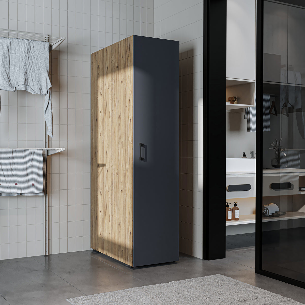 Roomart • DORA Hochschrank 45cm Breit • Weiß • Weiß Eiche • Eiche • Anthracit Eiche - waschmaschinenschrank, waschmaschinenregal, waschturm, schrank, weiß, waschmaschinen, unterschrank, waschmaschine, trockner, haushaltsschrank, schränke, badschrank, hoch