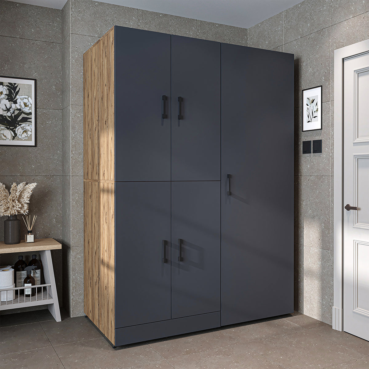 Roomart Waschmaschinenschrank " DORA SET" für Trockner & Waschmaschine, 130 cm breit, in 4 Farben, mit Türen & Ausziehbrett • Weiß • Weiß Eiche • Anthrazit Eiche • Eiche - waschmaschinenschrank, waschmaschinenregal, waschturm, schrank, weiß, waschmaschine