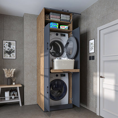 Roomart Waschmaschinenschrank " DORA " für Trockner & Waschmaschine, in 4 Farben, mit Türen & Ausziehbrett • Weiß • Weiß Eiche • Anthrazit Eiche • Eiche - waschmaschinenschrank, waschmaschinenregal, waschturm, schrank, weiß, waschmaschinen, unterschrank, 
