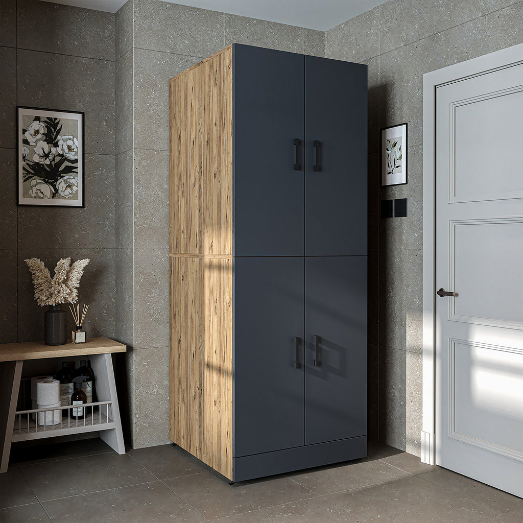 Roomart Waschmaschinenschrank " DORA " für Trockner & Waschmaschine, in 4 Farben, mit Türen & Ausziehbrett • Weiß • Weiß Eiche • Anthrazit Eiche • Eiche - waschmaschinenschrank, waschmaschinenregal, waschturm, schrank, weiß, waschmaschinen, unterschrank, 