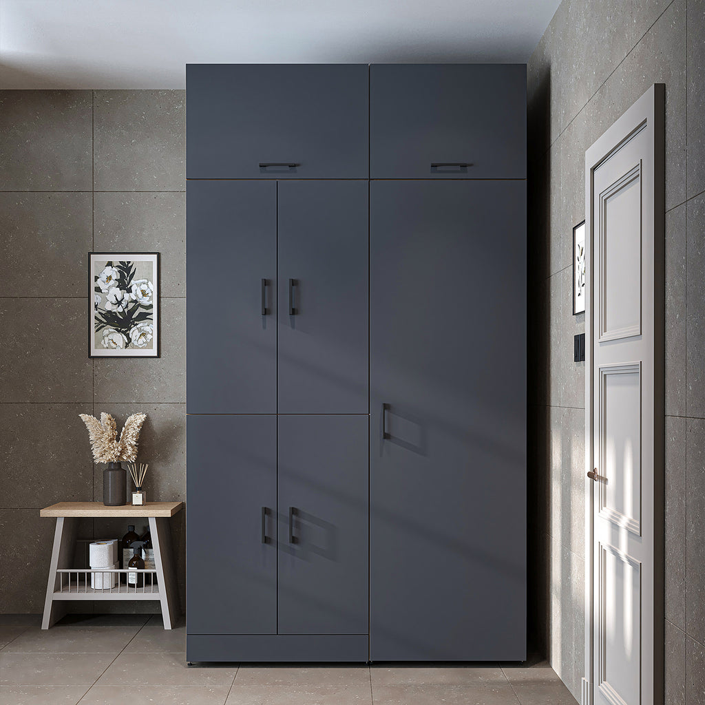 Roomart Waschmaschinenschrank " DORA SET" für Trockner & Waschmaschine, 130 cm breit, in 4 Farben, mit Türen & Ausziehbrett • Weiß • Weiß Eiche • Anthrazit Eiche • Eiche - waschmaschinenschrank, waschmaschinenregal, waschturm, schrank, weiß, waschmaschine