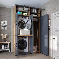 Roomart Waschmaschinenschrank " DORA SET" für Trockner & Waschmaschine, 130 cm breit, in 4 Farben, mit Türen & Ausziehbrett • Weiß • Weiß Eiche • Anthrazit Eiche • Eiche - waschmaschinenschrank, waschmaschinenregal, waschturm, schrank, weiß, waschmaschine