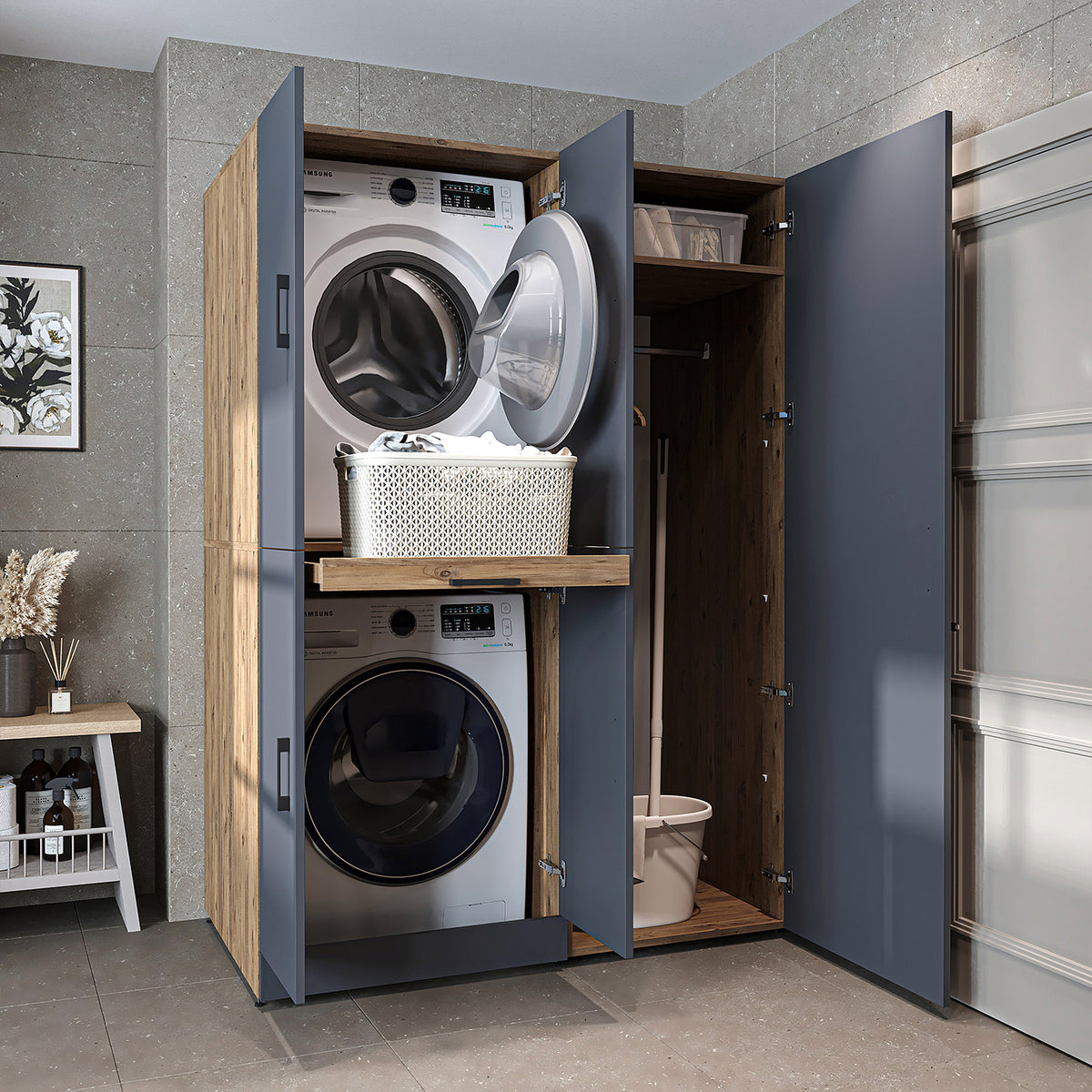 Roomart Waschmaschinenschrank " DORA SET" für Trockner & Waschmaschine, 130 cm breit, in 4 Farben, mit Türen & Ausziehbrett • Weiß • Weiß Eiche • Anthrazit Eiche • Eiche - waschmaschinenschrank, waschmaschinenregal, waschturm, schrank, weiß, waschmaschine