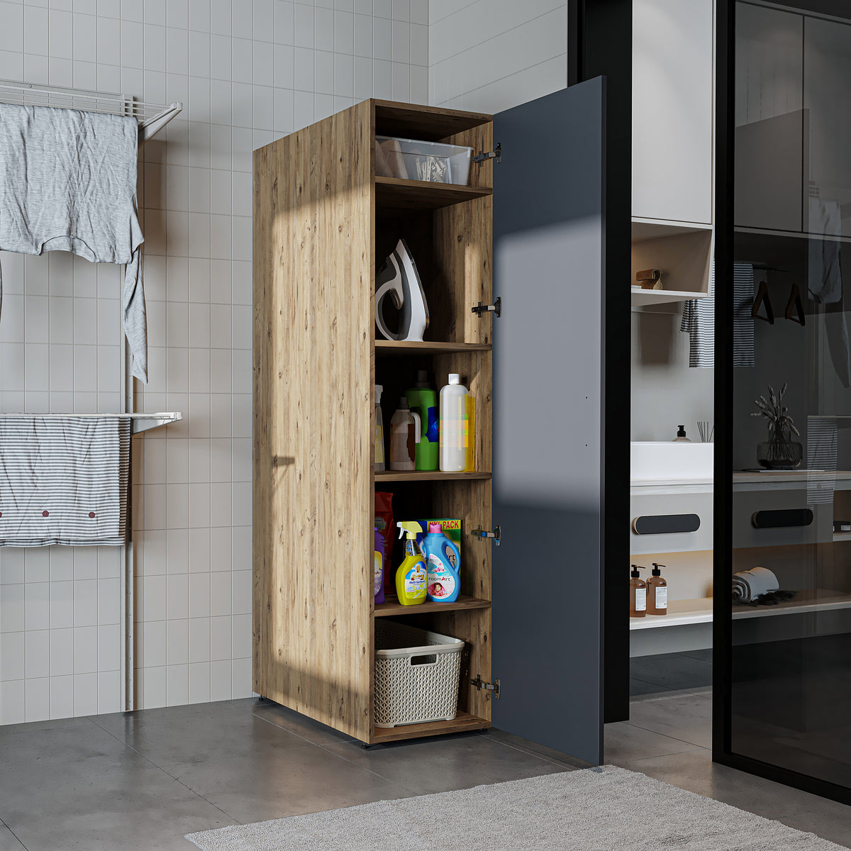 Roomart • DORA Hochschrank 45cm Breit • Weiß • Weiß Eiche • Eiche • Anthracit Eiche - waschmaschinenschrank, waschmaschinenregal, waschturm, schrank, weiß, waschmaschinen, unterschrank, waschmaschine, trockner, haushaltsschrank, schränke, badschrank, hoch