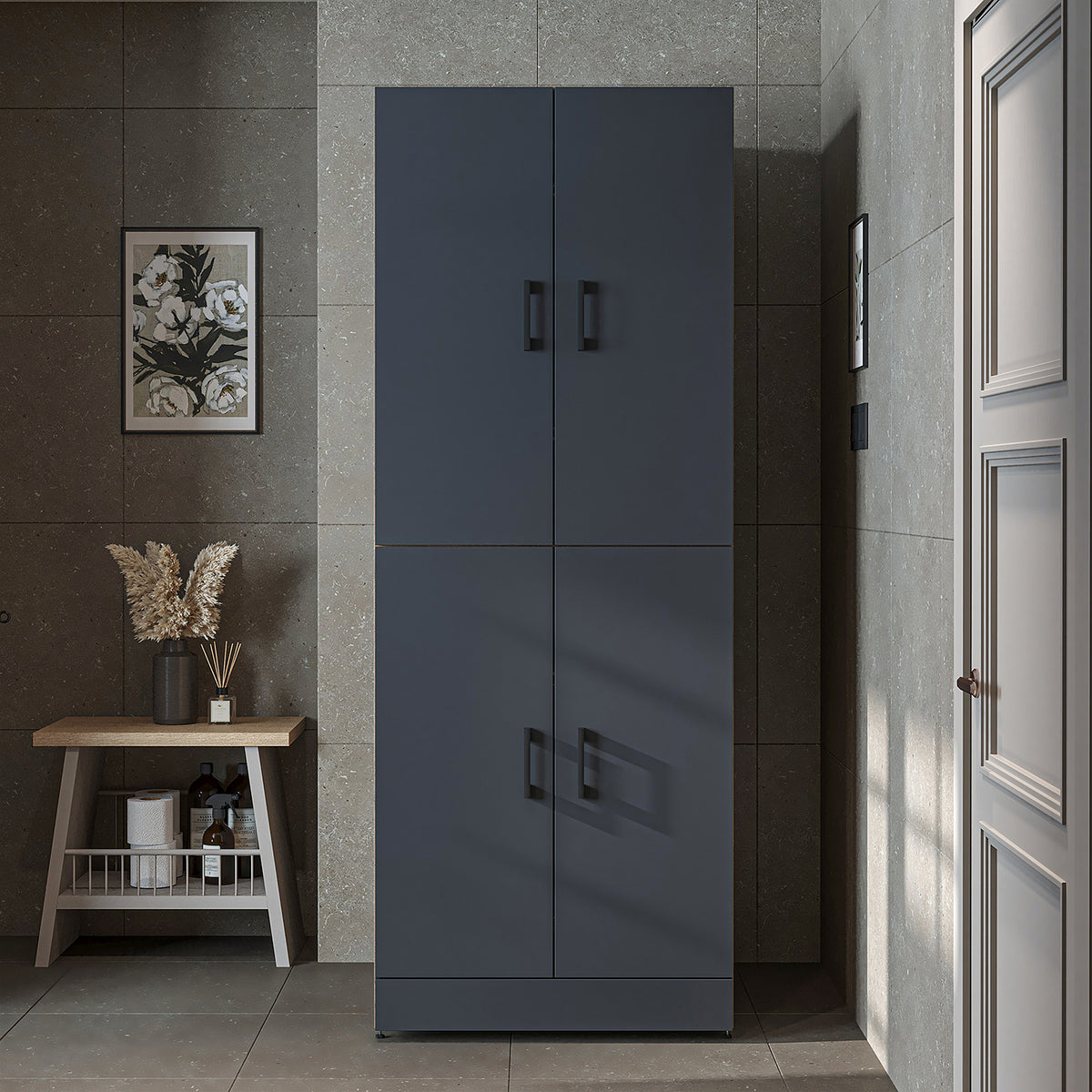 Roomart Waschmaschinenschrank " DORA " für Trockner & Waschmaschine, in 4 Farben, mit Türen & Ausziehbrett • Weiß • Weiß Eiche • Anthrazit Eiche • Eiche - waschmaschinenschrank, waschmaschinenregal, waschturm, schrank, weiß, waschmaschinen, unterschrank, 