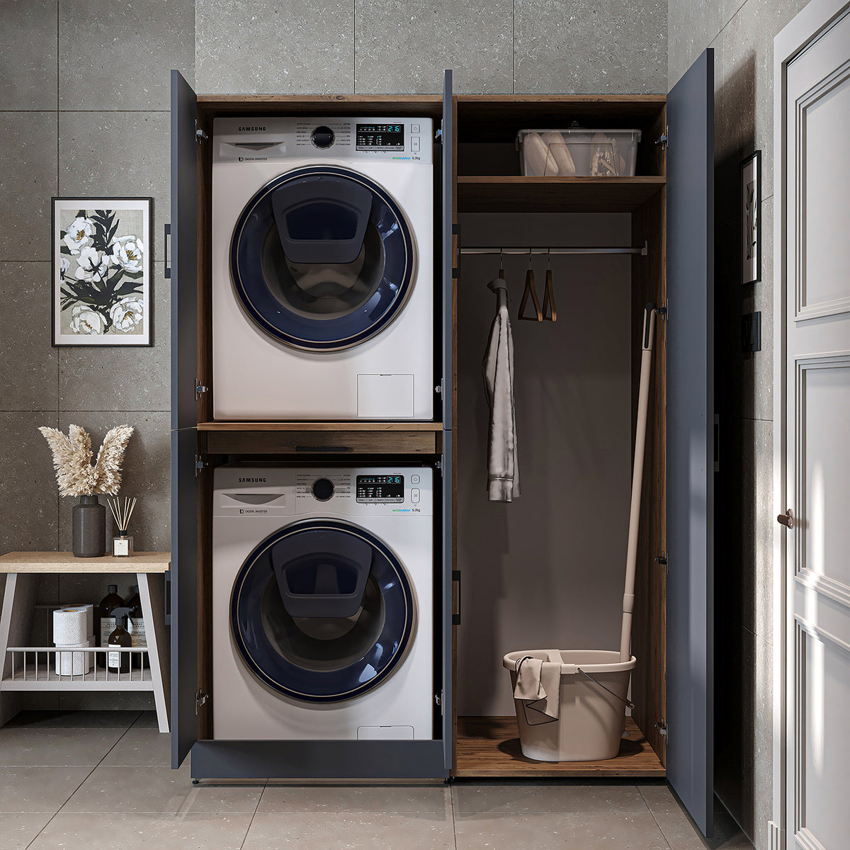 Roomart Waschmaschinenschrank " DORA SET" für Trockner & Waschmaschine, 130 cm breit, in 4 Farben, mit Türen & Ausziehbrett • Weiß • Weiß Eiche • Anthrazit Eiche • Eiche - waschmaschinenschrank, waschmaschinenregal, waschturm, schrank, weiß, waschmaschine