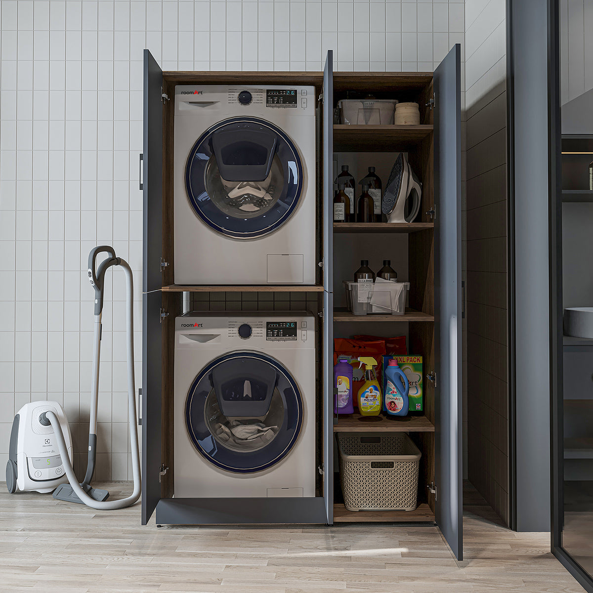 Waschmaschinenschrank DORA-II in Schwarz Eiche mit Regalböden