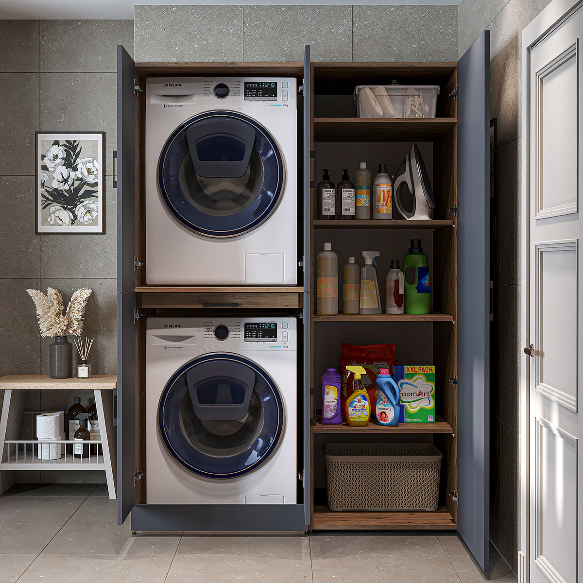 Roomart wasmachinekast DORA-I, 130 cm, met uittrekplank en hoge kast, 5 kleuren