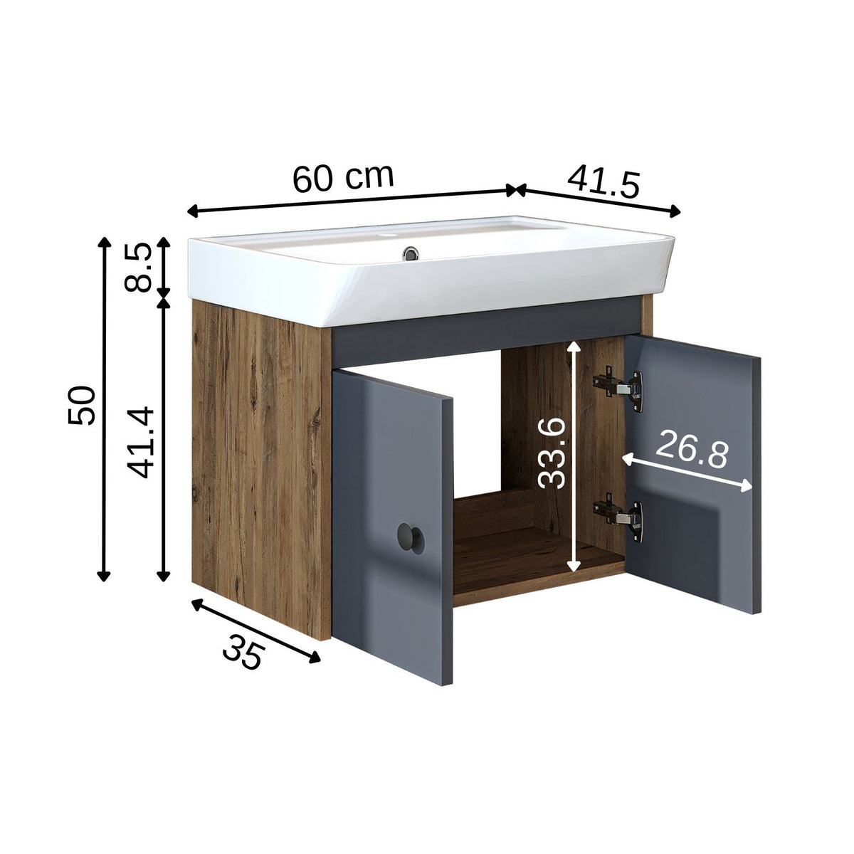 Roomart badmeubelset ADA, 60 cm, met keramische wastafel, in 6 kleuren