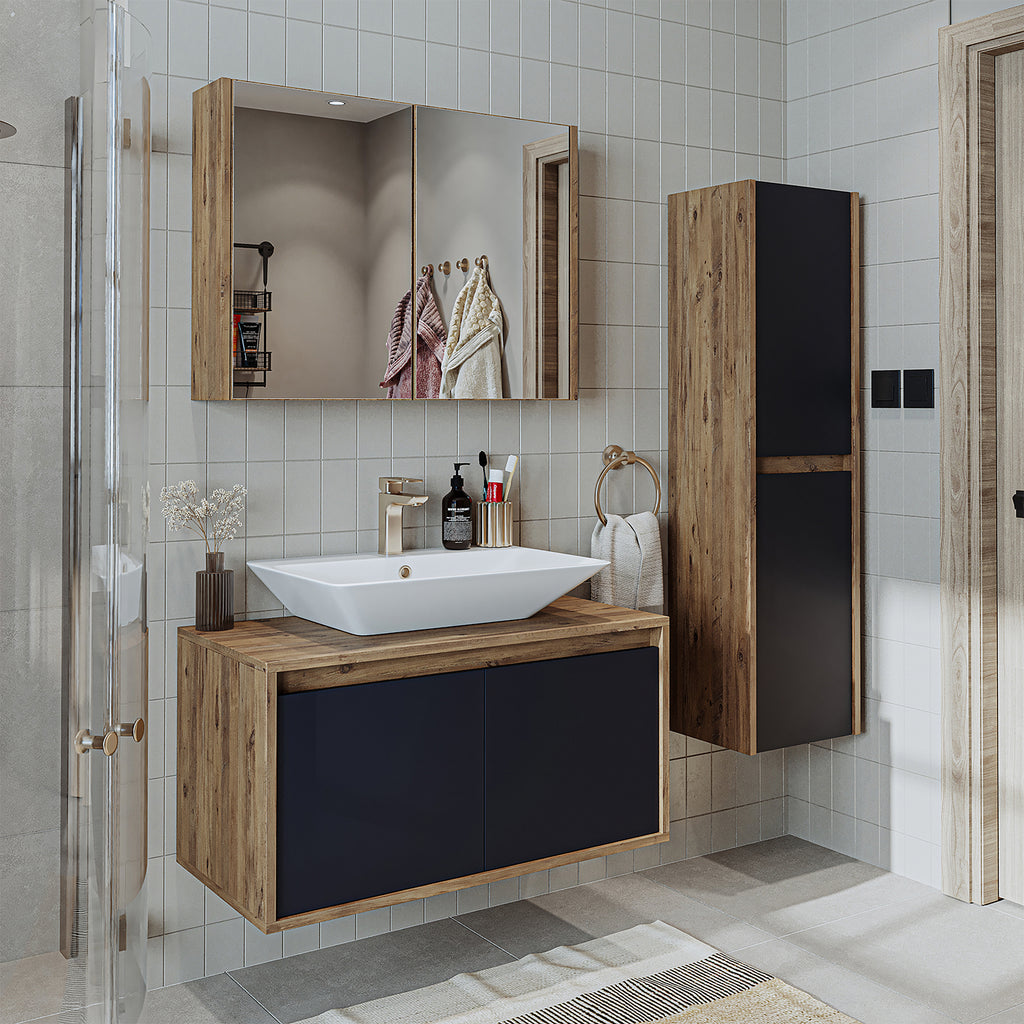 Roomart Badmöbel Set ATLANTIC 4-teilig 85 cm in 5 Farben Unterschrank mit Keramikwaschbecken • Spiegelschrank • Hochschrank - badezimmerschrank, waschbecken, badezimmermöbel, badschrank, badezimmer, mit, unterschrank, badmöbel, set, waschtisch, möbel, bad