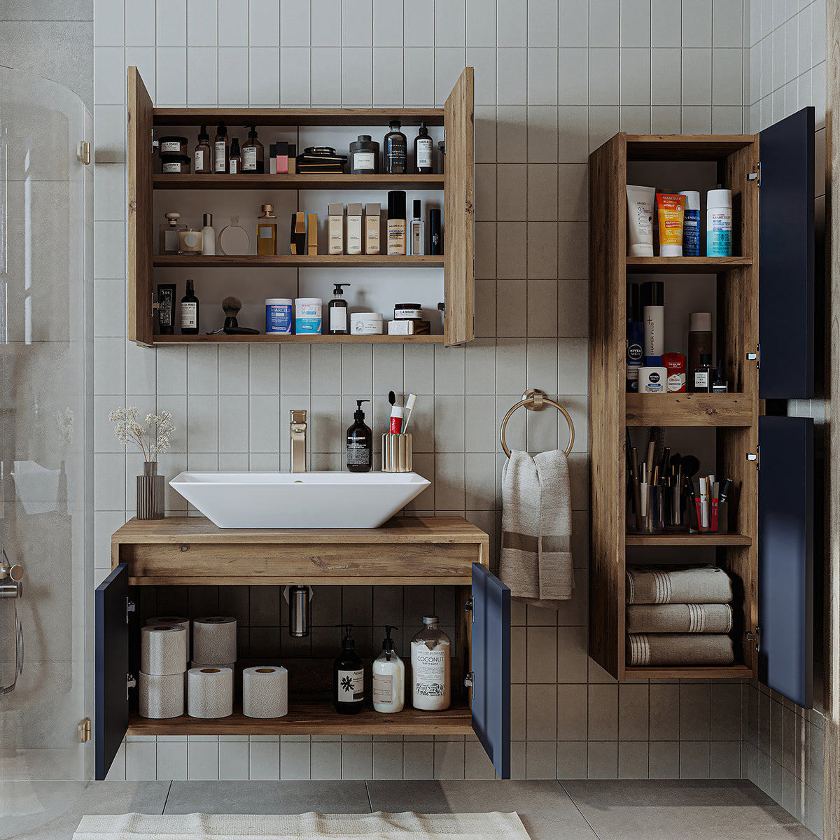 Roomart Badmöbel Set ATLANTIC 4-teilig 85 cm in 5 Farben Unterschrank mit Keramikwaschbecken • Spiegelschrank • Hochschrank - badezimmerschrank, waschbecken, badezimmermöbel, badschrank, badezimmer, mit, unterschrank, badmöbel, set, waschtisch, möbel, bad