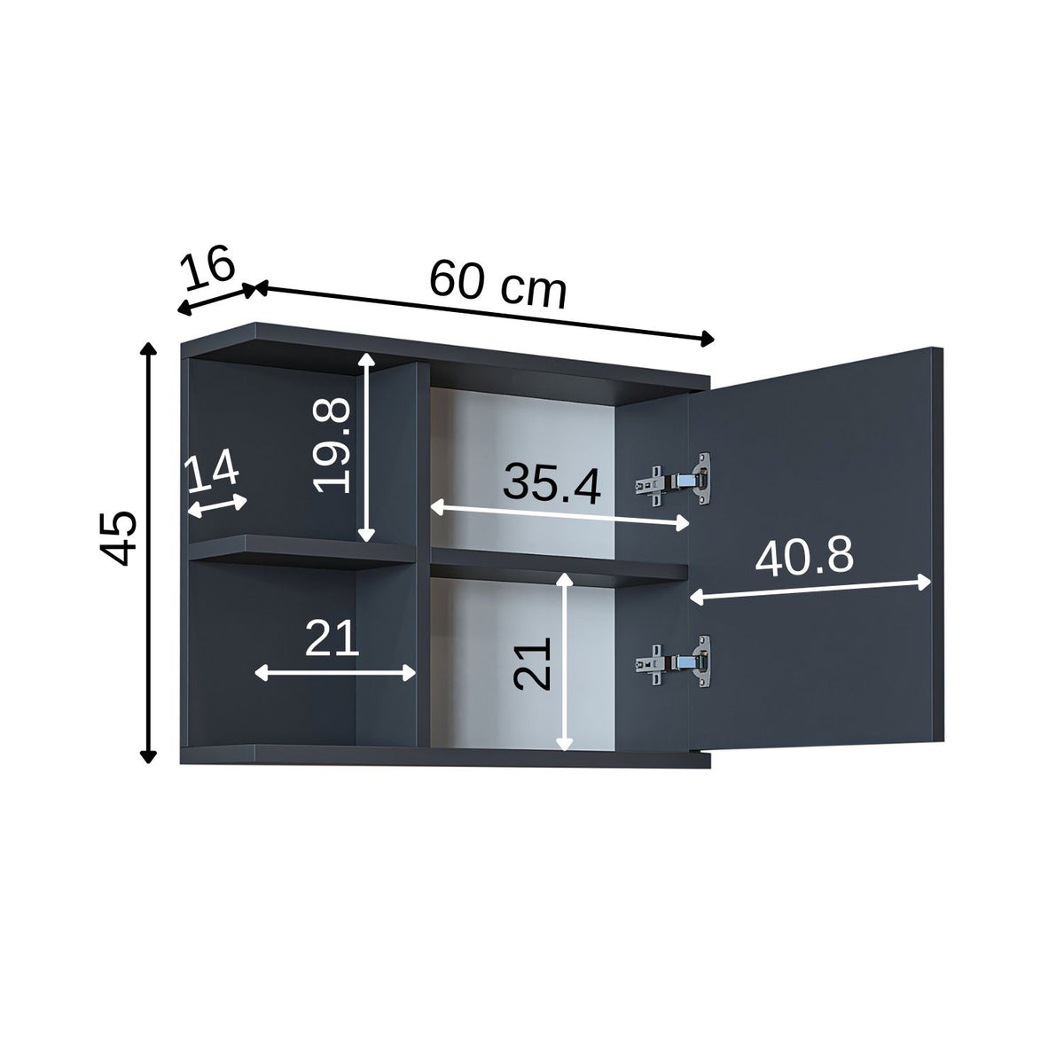 Roomart spiegelkast ADA, 60 cm, met open schap en soft-close-deur, in 4 kleuren
