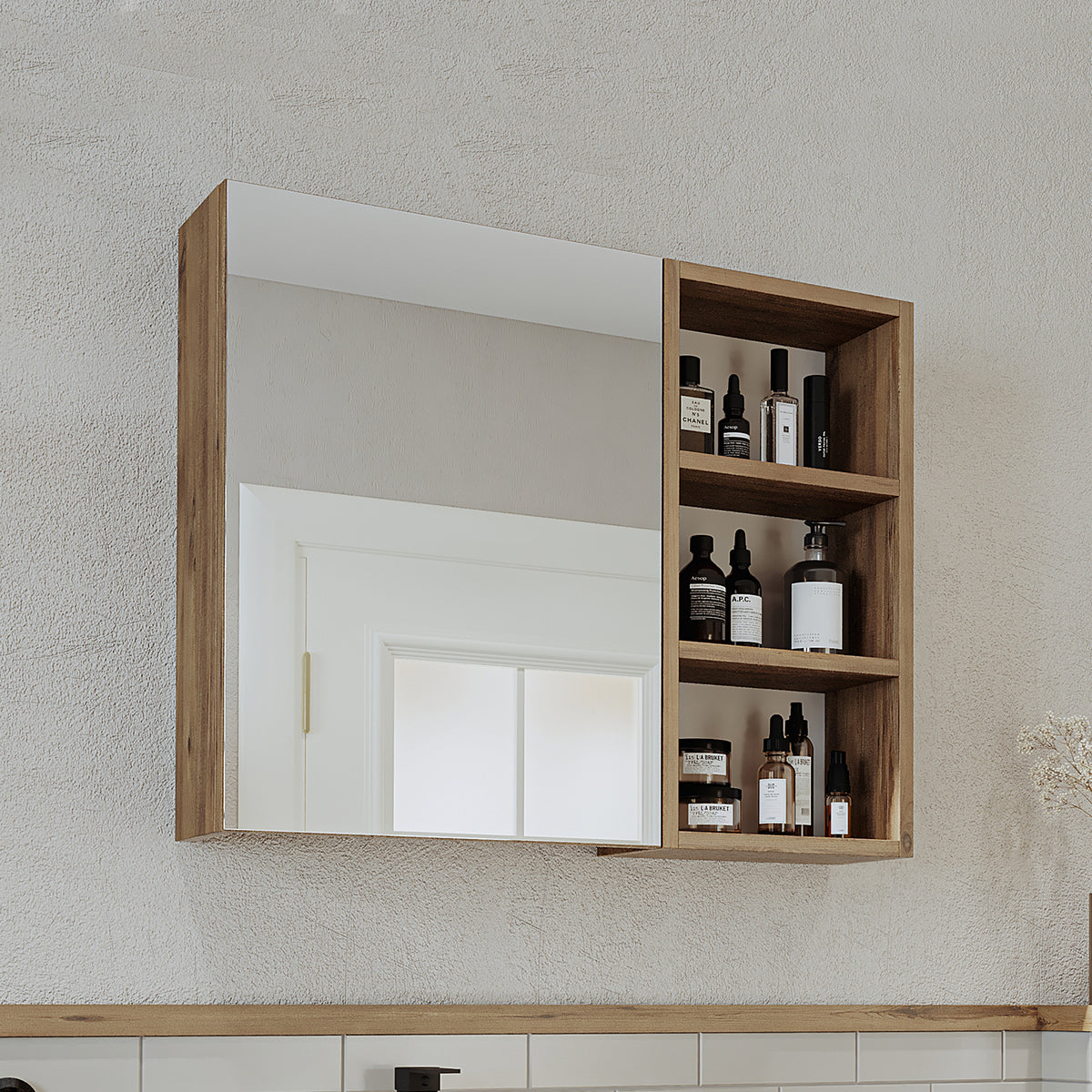 Roomart Badezimmerspiegelschrank "Lotus“ – 65/75/95 cm – in Eiche – moderner Badschrank mit Spiegel -  badezimmerspiegelschrank, mirror, lichtschalter, badspiegelschrank, geringe, tiefe, schiebetür, steckdose, eckspiegelschrank, smarter, badhängeschränkch