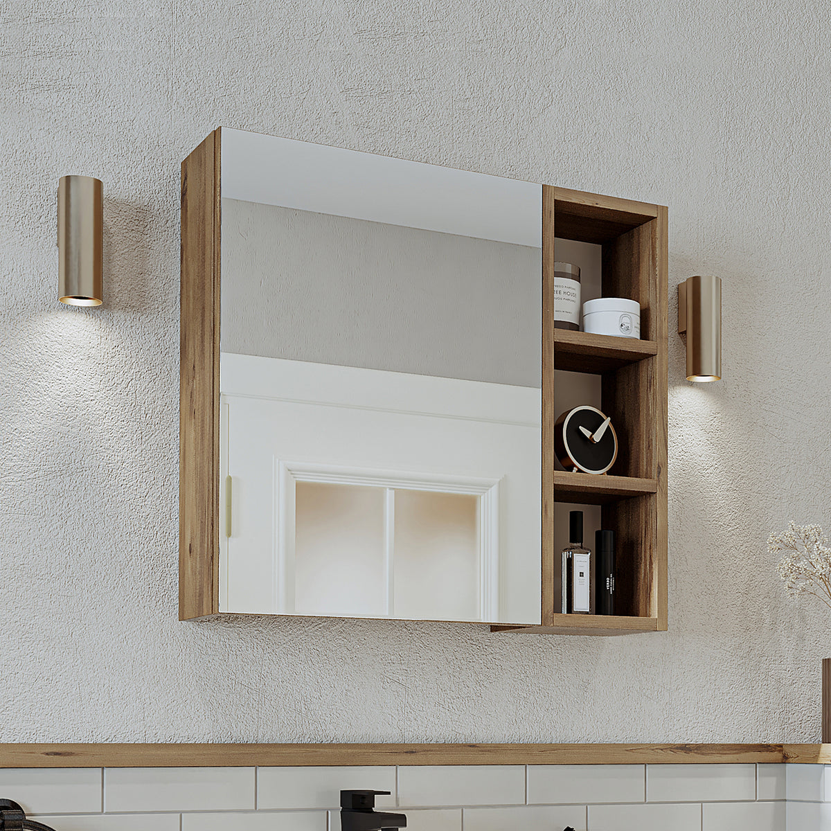 Roomart Badezimmerspiegelschrank "Lotus“ – 65/75/95 cm – in Eiche – moderner Badschrank mit Spiegel -  badezimmerspiegelschrank, mirror, lichtschalter, badspiegelschrank, geringe, tiefe, schiebetür, steckdose, eckspiegelschrank, smarter, badhängeschränkch