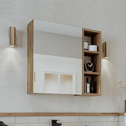 Roomart Badezimmerspiegelschrank "Lotus“ – 65/75/95 cm – in Eiche – moderner Badschrank mit Spiegel -  badezimmerspiegelschrank, mirror, lichtschalter, badspiegelschrank, geringe, tiefe, schiebetür, steckdose, eckspiegelschrank, smarter, badhängeschränkch