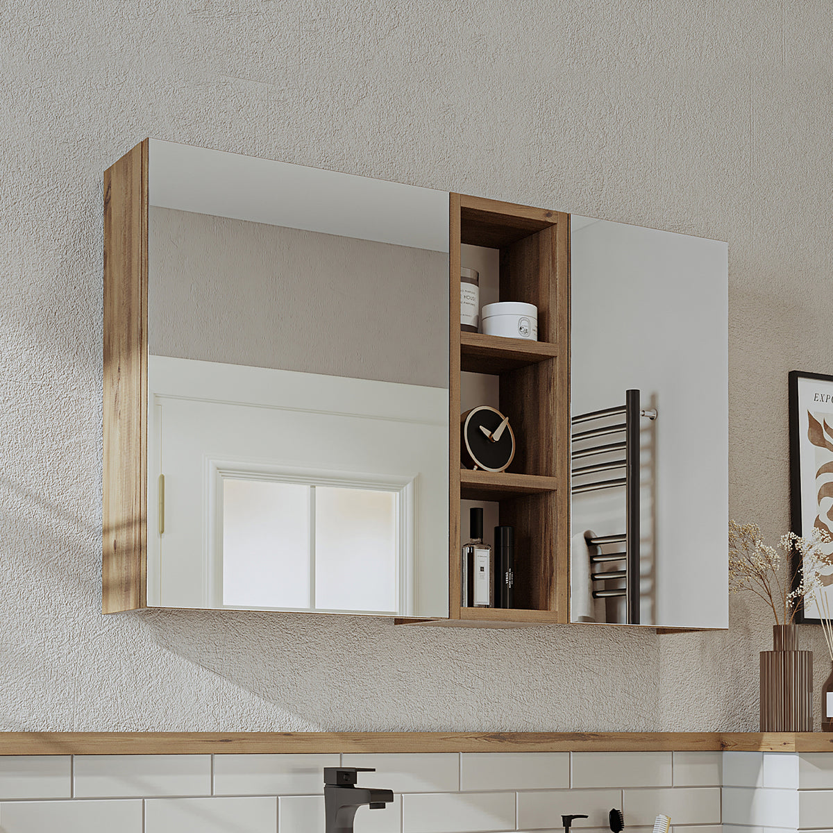 Roomart Badezimmerspiegelschrank "Lotus“ – 65/75/95 cm – in Eiche – moderner Badschrank mit Spiegel -  badezimmerspiegelschrank, mirror, lichtschalter, badspiegelschrank, geringe, tiefe, schiebetür, steckdose, eckspiegelschrank, smarter, badhängeschränkch