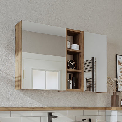 Roomart Badezimmerspiegelschrank "Lotus“ – 65/75/95 cm – in Eiche – moderner Badschrank mit Spiegel -  badezimmerspiegelschrank, mirror, lichtschalter, badspiegelschrank, geringe, tiefe, schiebetür, steckdose, eckspiegelschrank, smarter, badhängeschränkch