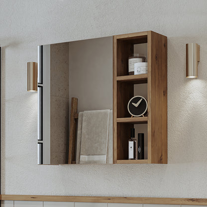 Roomart Badezimmerspiegelschrank "Lotus“ – 65/75/95 cm – in Eiche – moderner Badschrank mit Spiegel -  badezimmerspiegelschrank, mirror, lichtschalter, badspiegelschrank, geringe, tiefe, schiebetür, steckdose, eckspiegelschrank, smarter, badhängeschränkch