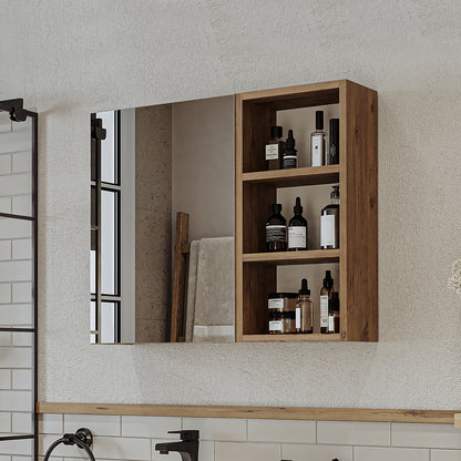 Roomart Badezimmerspiegelschrank "Lotus“ – 65/75/95 cm – in Eiche – moderner Badschrank mit Spiegel -  badezimmerspiegelschrank, mirror, lichtschalter, badspiegelschrank, geringe, tiefe, schiebetür, steckdose, eckspiegelschrank, smarter, badhängeschränkch
