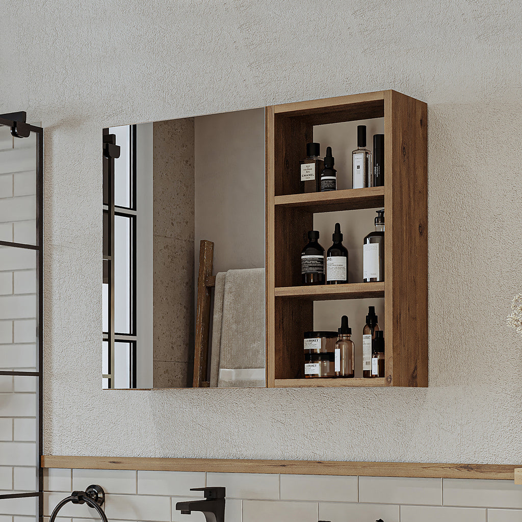Roomart Badezimmerspiegelschrank "Lotus“ – 65/75/95 cm – in Eiche – moderner Badschrank mit Spiegel -  badezimmerspiegelschrank, mirror, lichtschalter, badspiegelschrank, geringe, tiefe, schiebetür, steckdose, eckspiegelschrank, smarter, badhängeschränkch