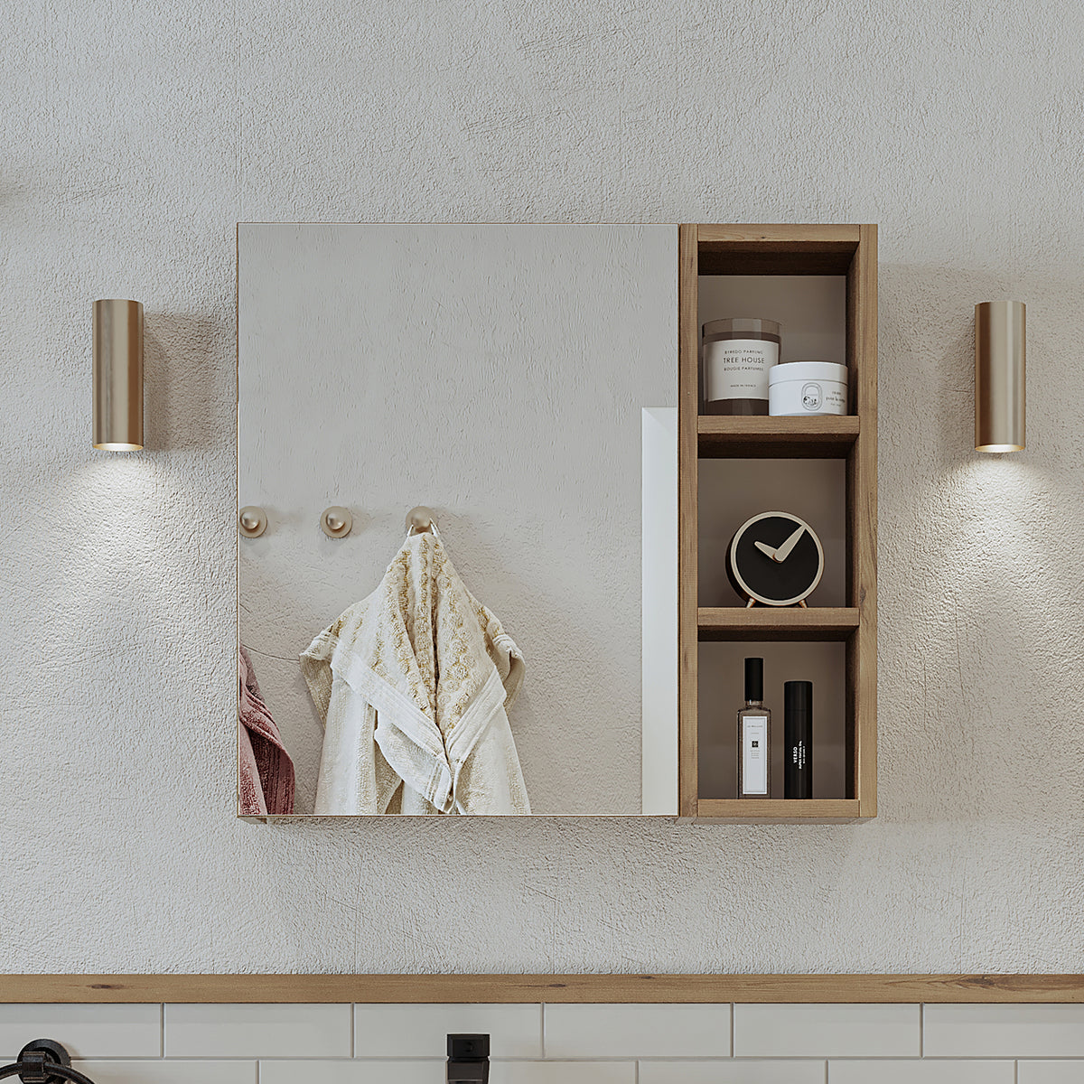 Roomart Badezimmerspiegelschrank "Lotus“ – 65/75/95 cm – in Eiche – moderner Badschrank mit Spiegel -  badezimmerspiegelschrank, mirror, lichtschalter, badspiegelschrank, geringe, tiefe, schiebetür, steckdose, eckspiegelschrank, smarter, badhängeschränkch