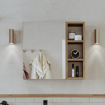 Roomart Badezimmerspiegelschrank "Lotus“ – 65/75/95 cm – in Eiche – moderner Badschrank mit Spiegel -  badezimmerspiegelschrank, mirror, lichtschalter, badspiegelschrank, geringe, tiefe, schiebetür, steckdose, eckspiegelschrank, smarter, badhängeschränkch