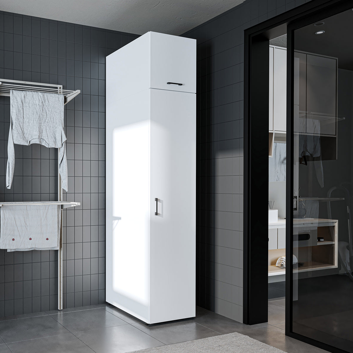 Roomart • DORA Hochschrank 45cm Breit • Weiß • Weiß Eiche • Eiche • Anthracit Eiche - waschmaschinenschrank, waschmaschinenregal, waschturm, schrank, weiß, waschmaschinen, unterschrank, waschmaschine, trockner, haushaltsschrank, schränke, badschrank, hoch