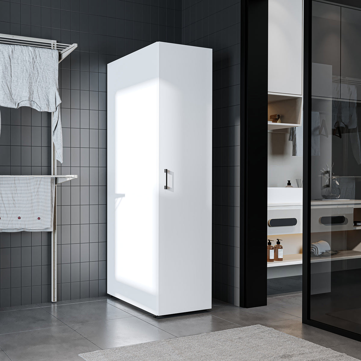 Roomart • DORA Hochschrank 45cm Breit • Weiß • Weiß Eiche • Eiche • Anthracit Eiche - waschmaschinenschrank, waschmaschinenregal, waschturm, schrank, weiß, waschmaschinen, unterschrank, waschmaschine, trockner, haushaltsschrank, schränke, badschrank, hoch