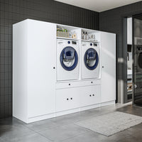 Roomart Schrankwand für Waschküche & Hauswirtschaftsraum – 254 cm breit – mit Ausziehbrett – in • Weiß •Eiche •Schwarz-Eiche - badezimmerschrank, waschbecken, badezimmermöbel, badschrank, badezimmer, mit, unterschrank, badmöbel, set, waschtisch, möbel, ba