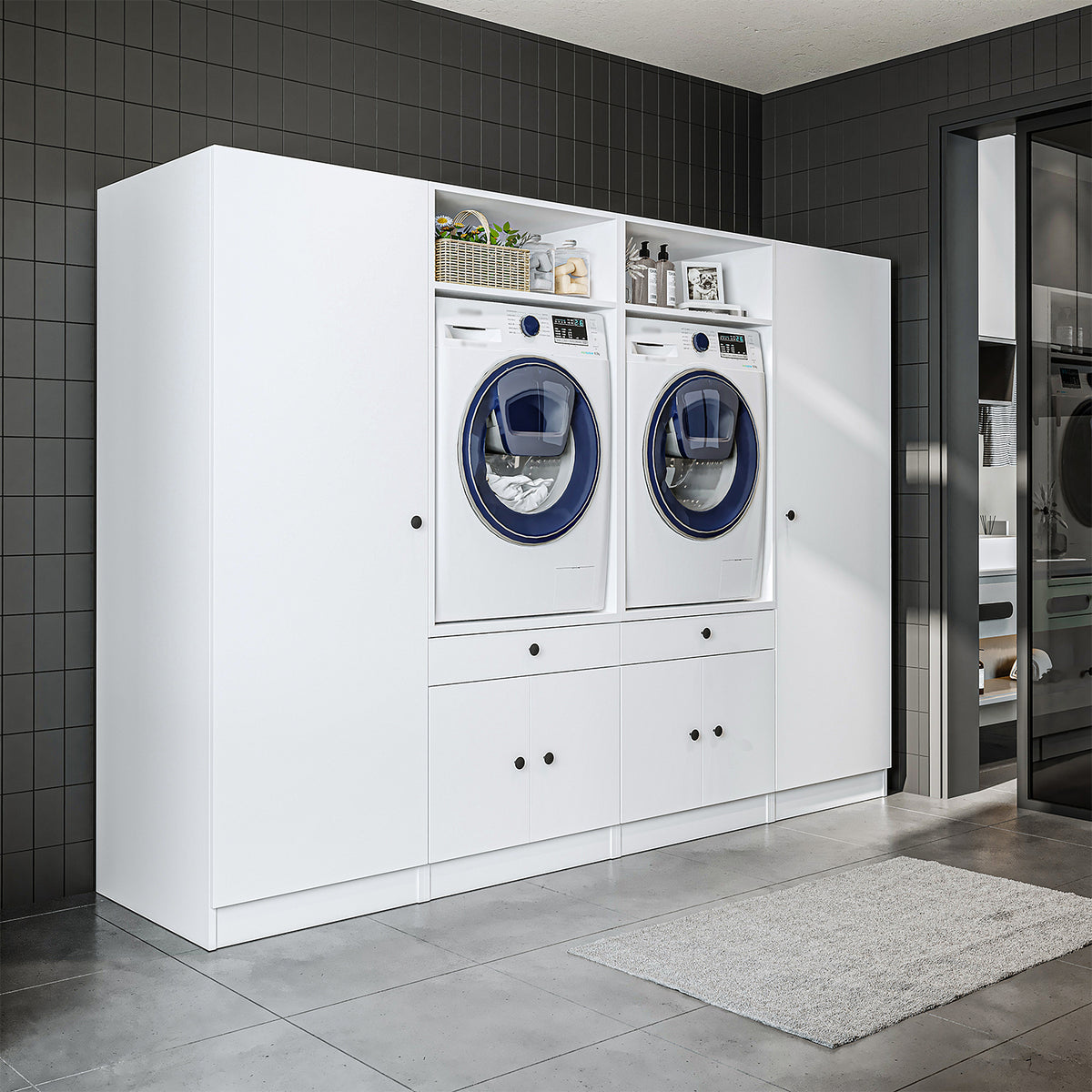 Waschmaschinenschrank SERIE 1 in Weiß mit Hochschrank für zwei Geräte