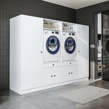 Waschmaschinenschrank SERIE 1 in Weiß mit Hochschrank für zwei Geräte
