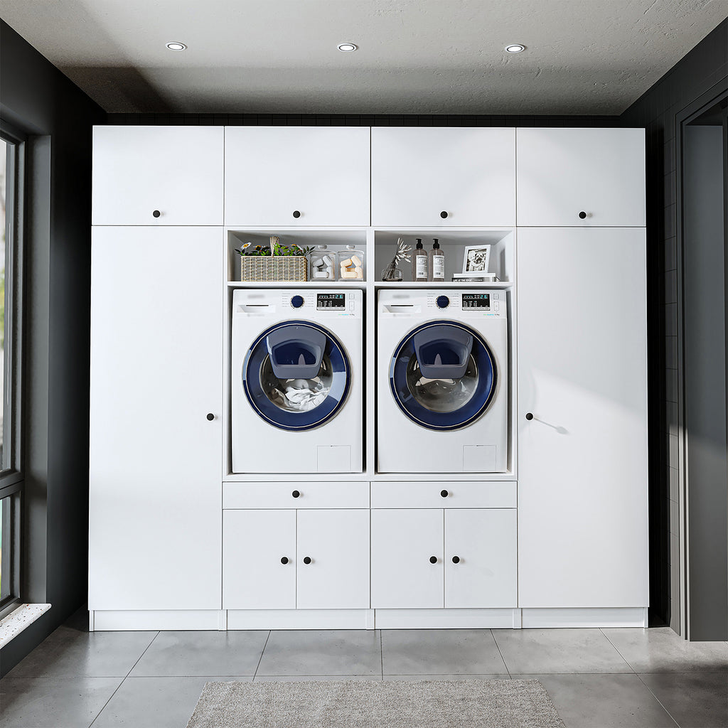Roomart Schrankwand für Waschküche & Hauswirtschaftsraum – 254 cm breit – mit Ausziehbrett – in • Weiß •Eiche •Schwarz-Eiche - badezimmerschrank, waschbecken, badezimmermöbel, badschrank, badezimmer, mit, unterschrank, badmöbel, set, waschtisch, möbel, ba