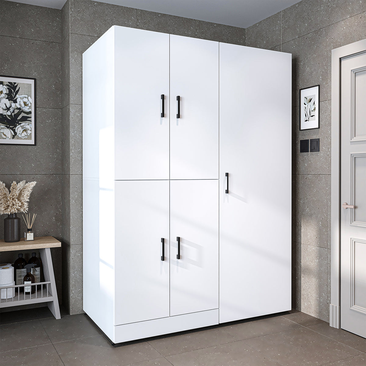 Roomart Waschmaschinenschrank " DORA SET" für Trockner & Waschmaschine, 130 cm breit, in 4 Farben, mit Türen & Ausziehbrett • Weiß • Weiß Eiche • Anthrazit Eiche • Eiche - waschmaschinenschrank, waschmaschinenregal, waschturm, schrank, weiß, waschmaschine