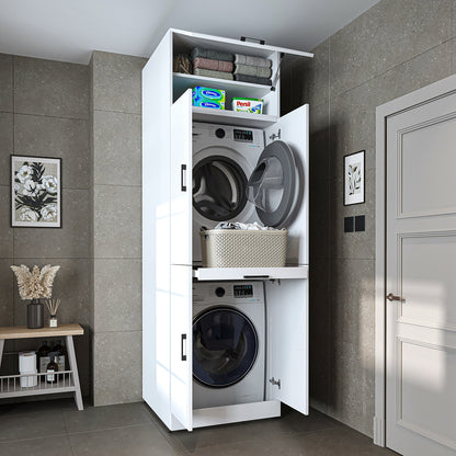 Roomart Waschmaschinenschrank " DORA " für Trockner & Waschmaschine, in 4 Farben, mit Türen & Ausziehbrett • Weiß • Weiß Eiche • Anthrazit Eiche • Eiche - waschmaschinenschrank, waschmaschinenregal, waschturm, schrank, weiß, waschmaschinen, unterschrank, 