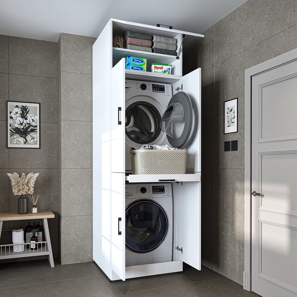Roomart Waschmaschinenschrank " DORA " für Trockner & Waschmaschine, in 4 Farben, mit Türen & Ausziehbrett • Weiß • Weiß Eiche • Anthrazit Eiche • Eiche - waschmaschinenschrank, waschmaschinenregal, waschturm, schrank, weiß, waschmaschinen, unterschrank, 