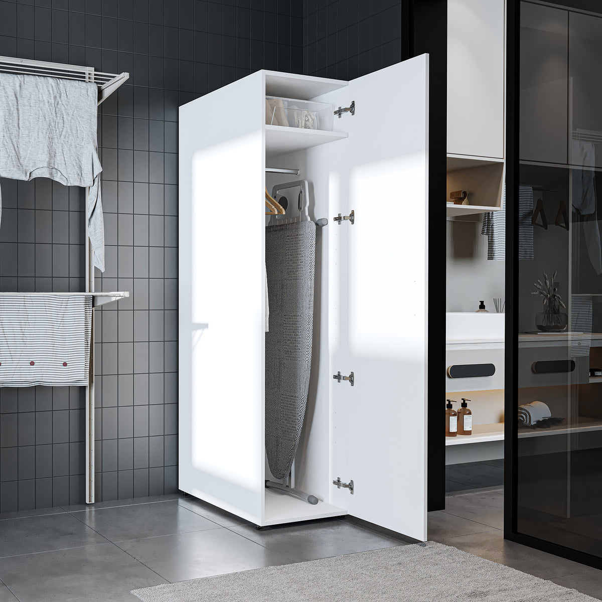 Roomart • DORA Hochschrank 45cm Breit • Weiß • Weiß Eiche • Eiche • Anthracit Eiche - waschmaschinenschrank, waschmaschinenregal, waschturm, schrank, weiß, waschmaschinen, unterschrank, waschmaschine, trockner, haushaltsschrank, schränke, badschrank, hoch