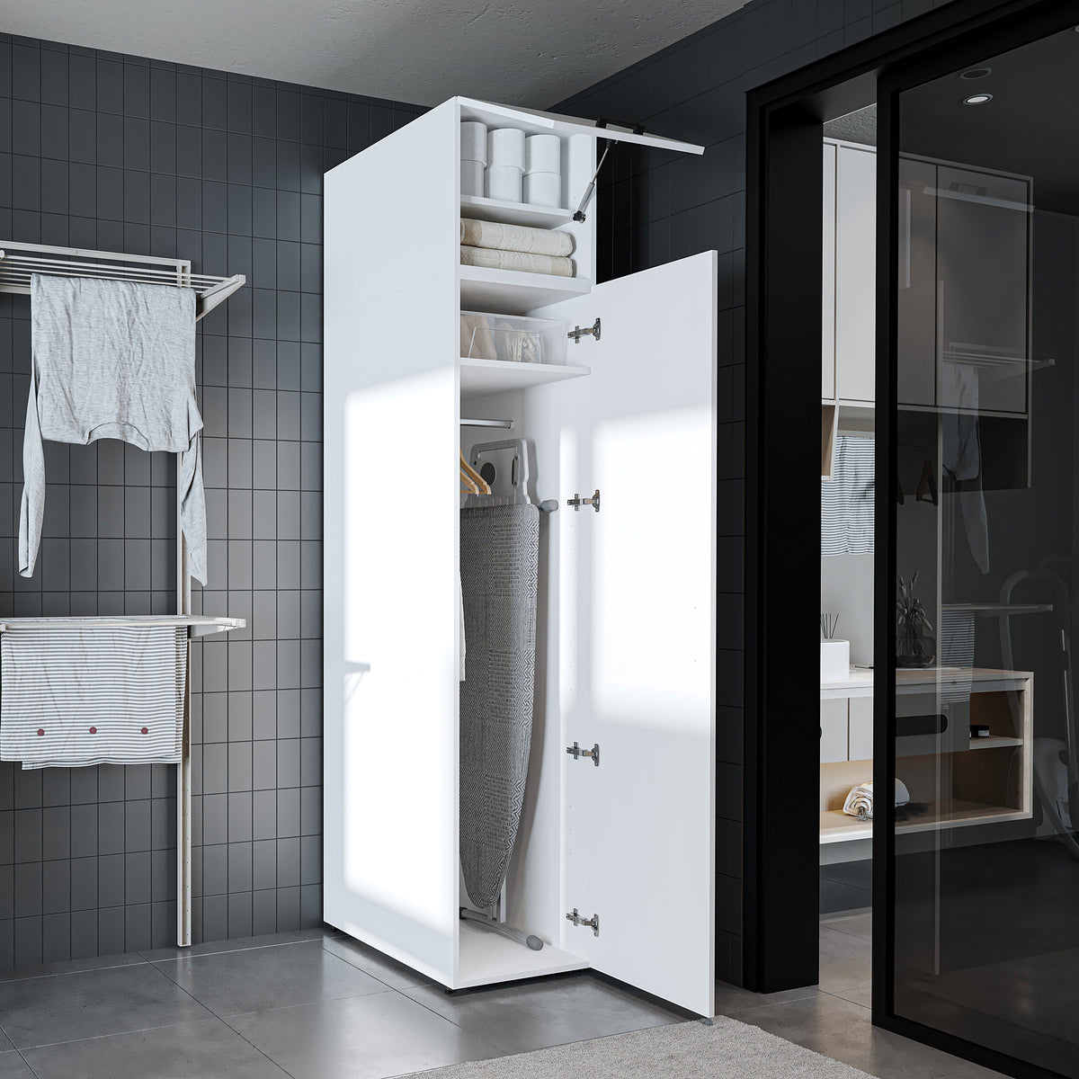 Roomart • DORA Hochschrank 45cm Breit • Weiß • Weiß Eiche • Eiche • Anthracit Eiche - waschmaschinenschrank, waschmaschinenregal, waschturm, schrank, weiß, waschmaschinen, unterschrank, waschmaschine, trockner, haushaltsschrank, schränke, badschrank, hoch