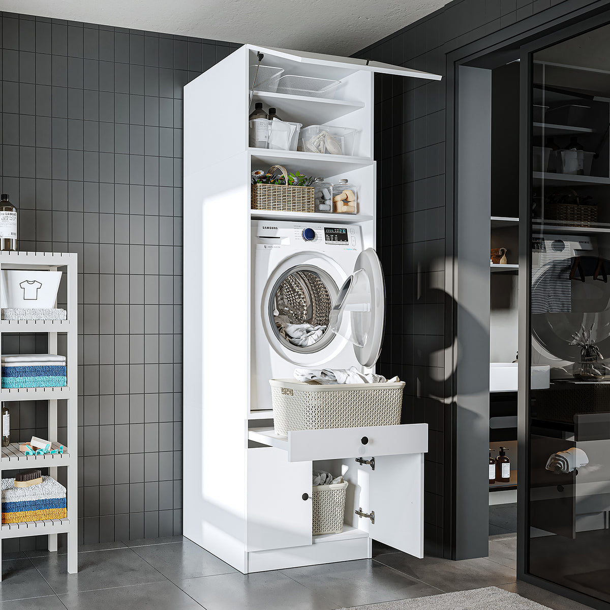 Roomart Waschmaschinenschrank mit Ausziehbrett • Weiß • Eiche • Schwarz eiche - waschmaschinenschrank, waschmaschinenregal, waschturm, schrank, weiß, waschmaschinen, unterschrank, waschmaschine, trockner, haushaltsschrank, schränke, badschrank, hochschran
