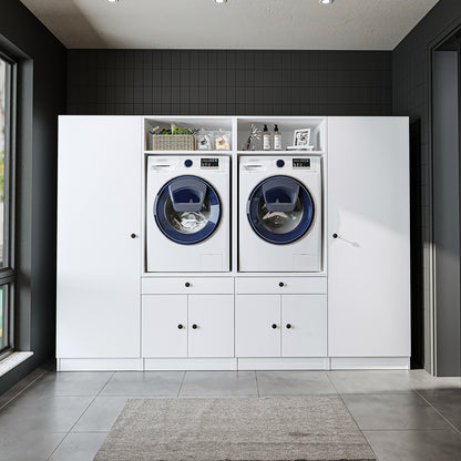 Roomart Schrankwand für Waschküche & Hauswirtschaftsraum – 254 cm breit – mit Ausziehbrett – in • Weiß •Eiche •Schwarz-Eiche - badezimmerschrank, waschbecken, badezimmermöbel, badschrank, badezimmer, mit, unterschrank, badmöbel, set, waschtisch, möbel, ba